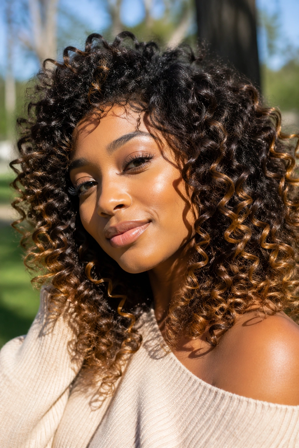 Real woman wearing The Big Curl Balayage wig with dark roots and caramel tips outdoors