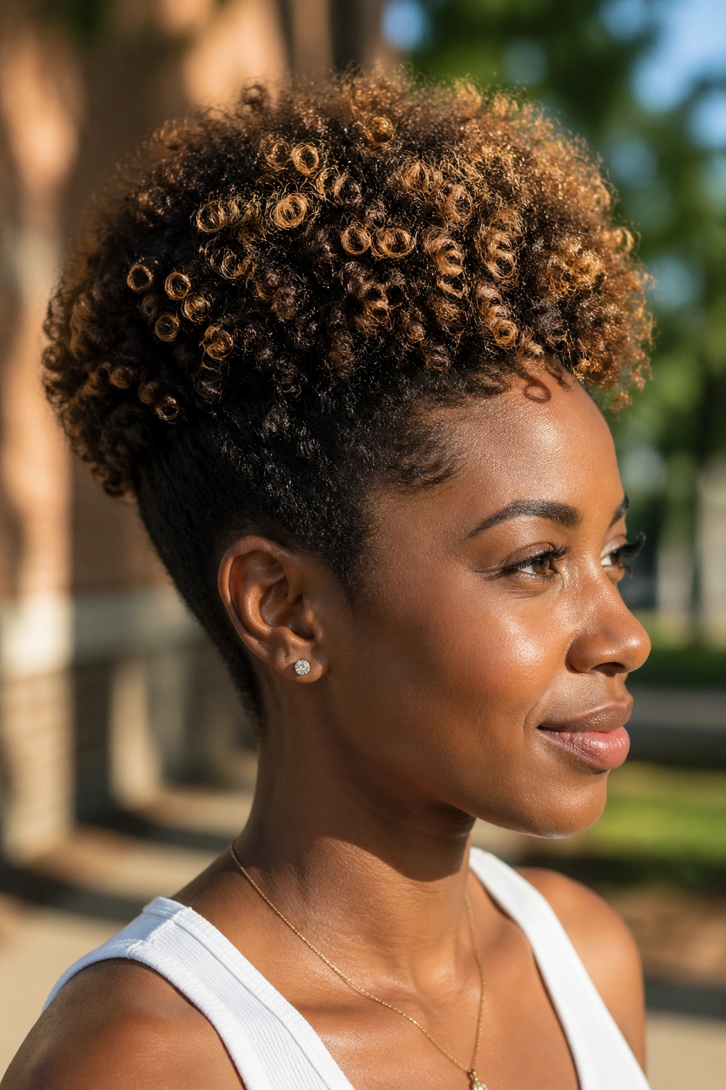 Balayage highlights on a short 4C puff hairstyle on a real person