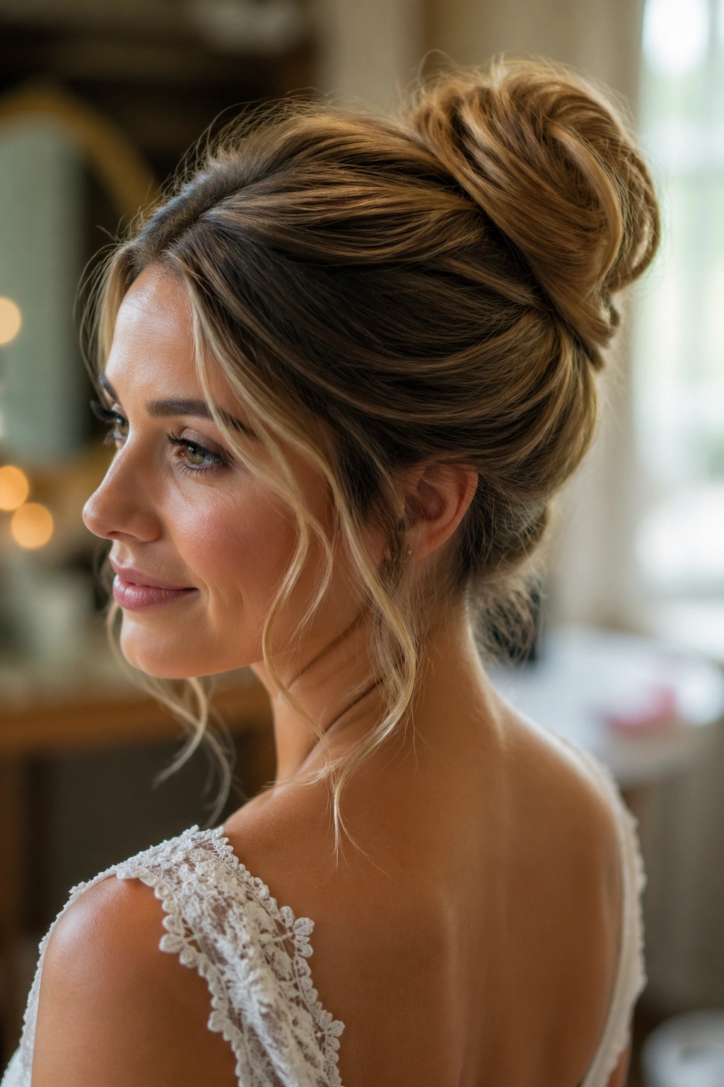 Close-up of a real bride with a centered messy ballet bun wrapped at the base and soft waves.