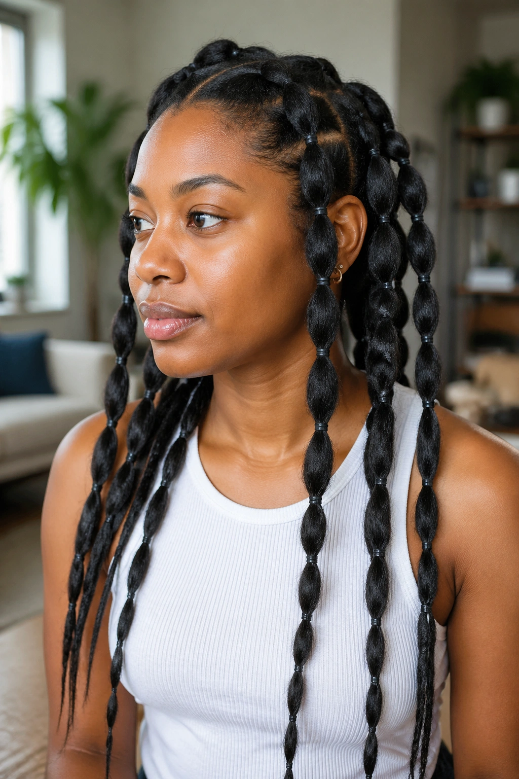Close-up of hair banding technique showing elongated strands