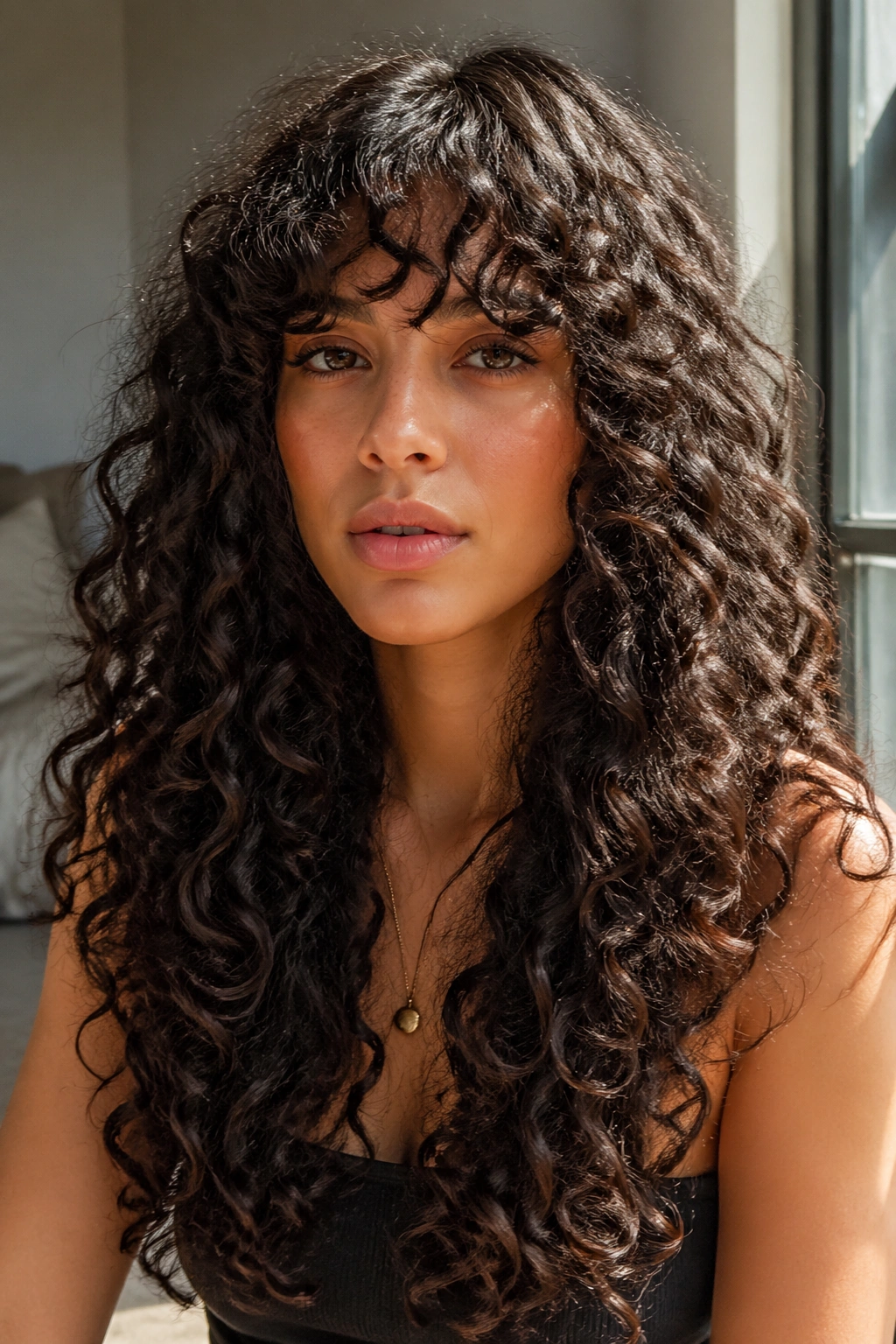 Close-up of a real woman with bangs and full layers in long curls