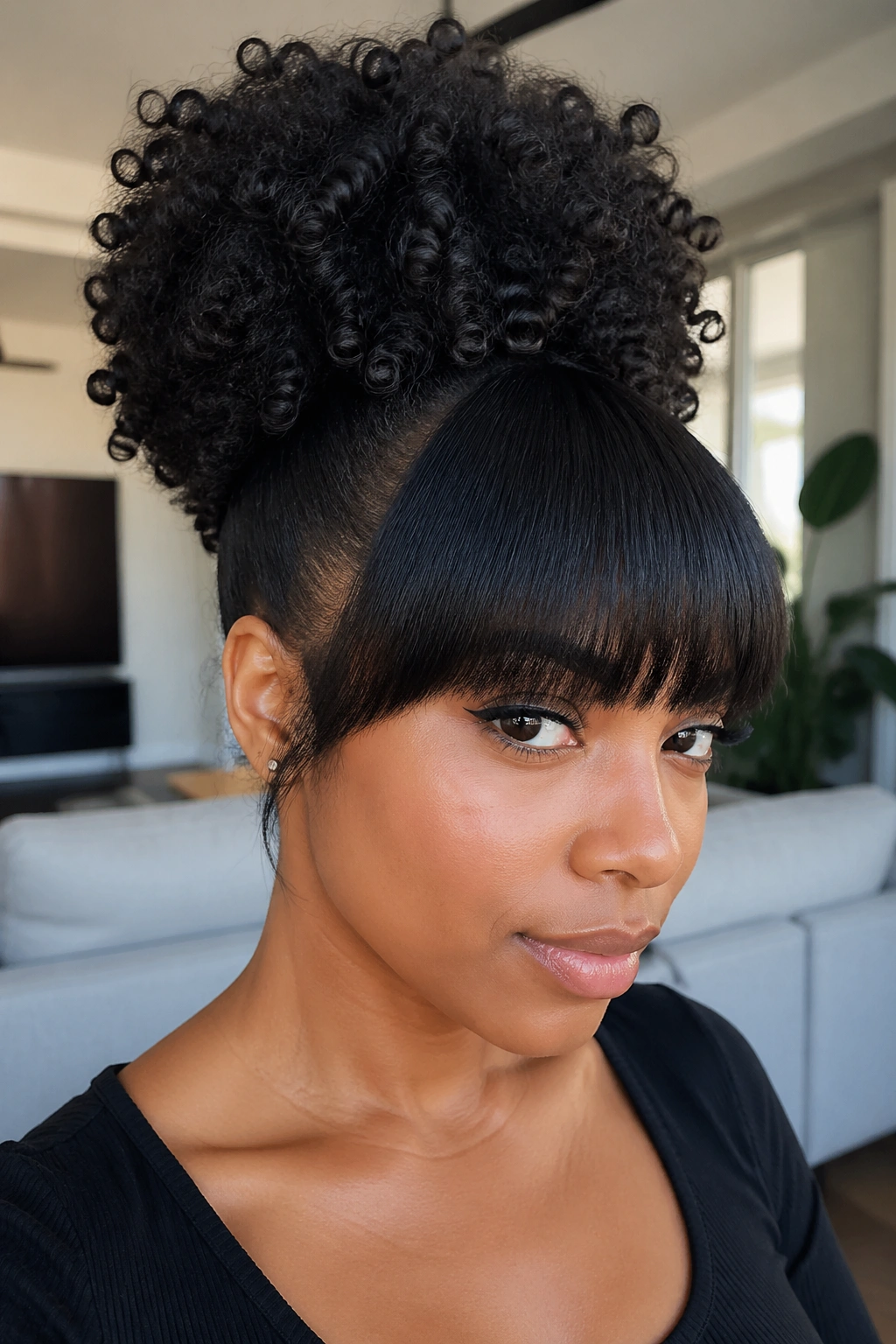 Woman with straight bangs and high natural puff at crown