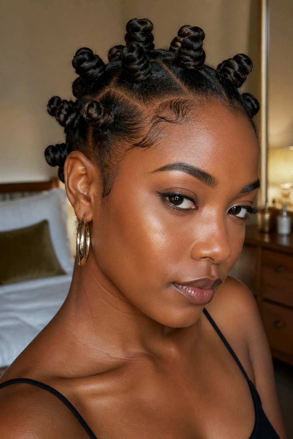 Real woman with bantu knot crown across the crown