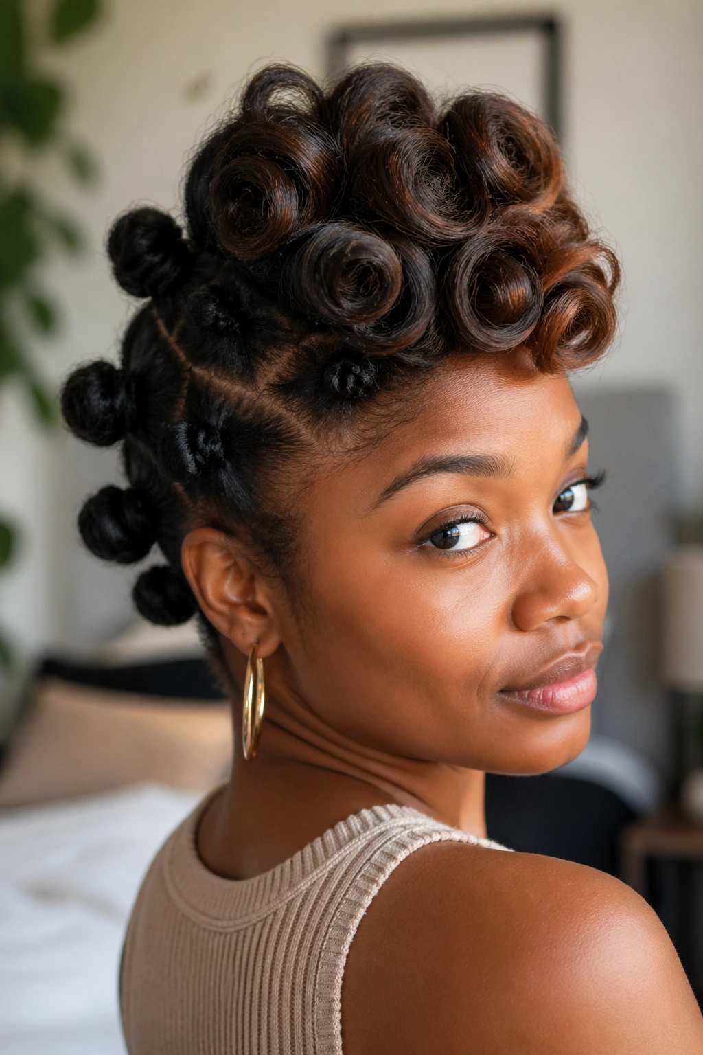 Real woman displaying top sock curl texture with back bantu knots