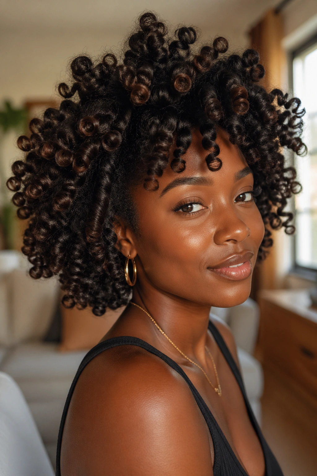 Close-up of a real woman with a Bantu knot-out silhouette featuring wide spirals at the crown