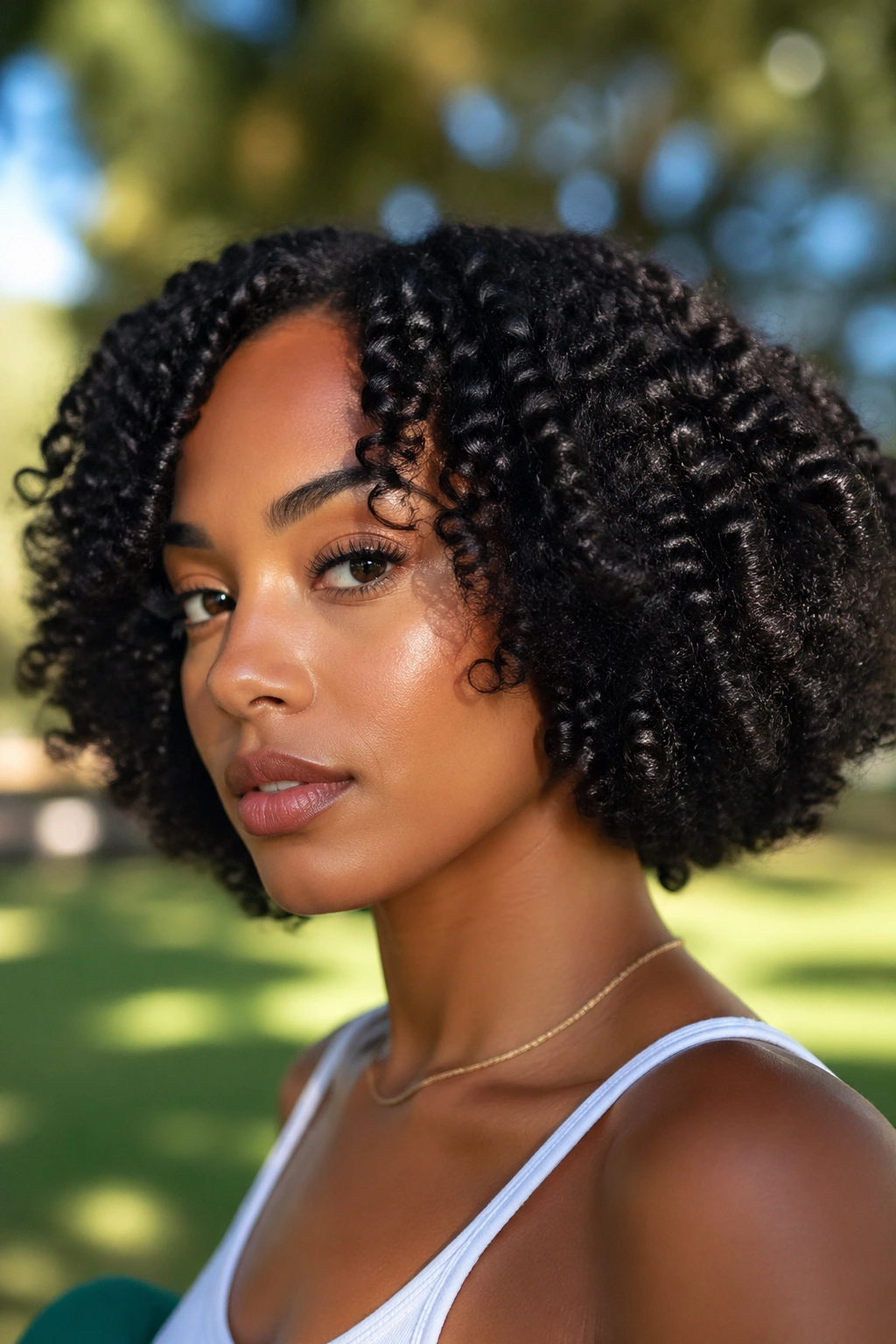 Close-up of a real woman with Bantu knot-out bob and stretched curls
