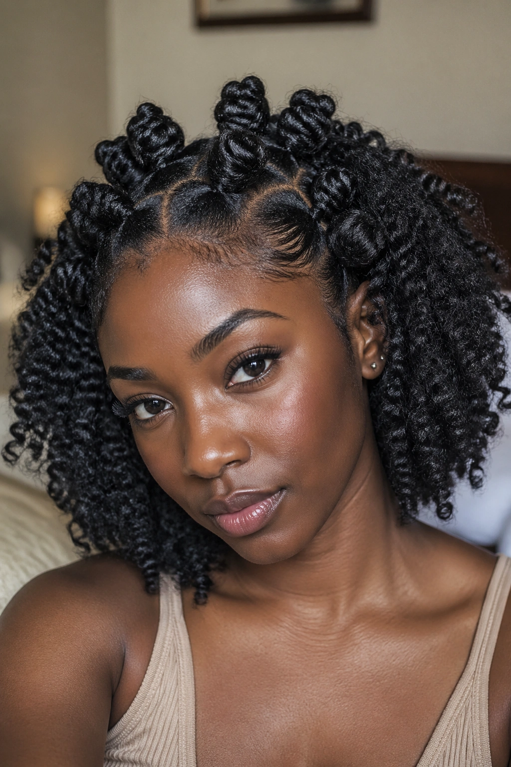 Close-up of a real woman with Bantu knot-out texture showing angular crinkles