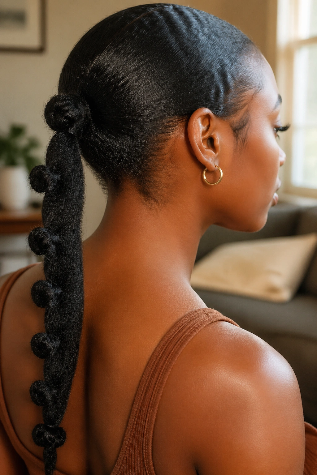 Close-up of a real Black woman with a Bantu-knot-tipped ponytail.