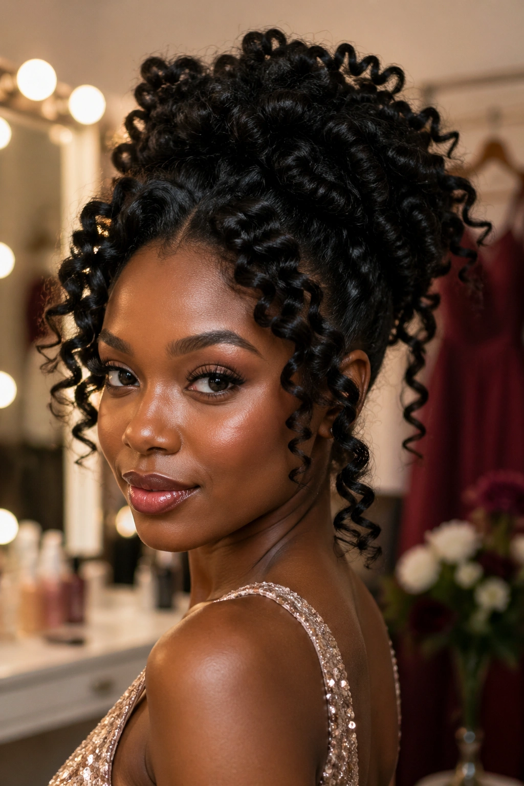 Close-up of real woman with bantu knot-out formal updo and loose curls around face