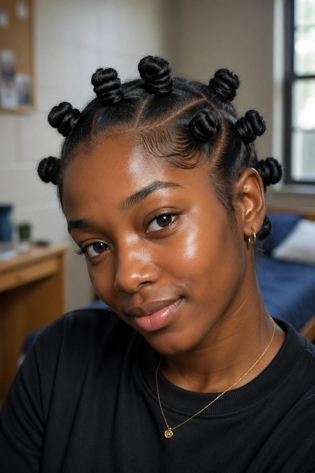 Close-up of a real person with a Bantu knot-out hairstyle showing multiple knots across the crown