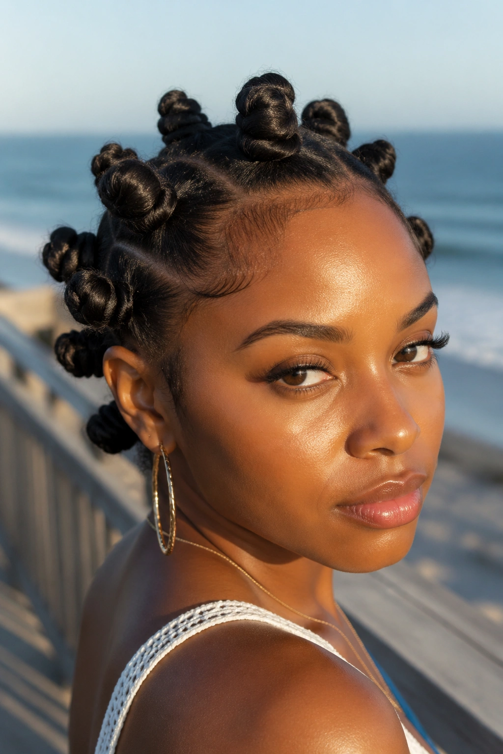 Close-up portrait of a real woman with bantu knots at the beach