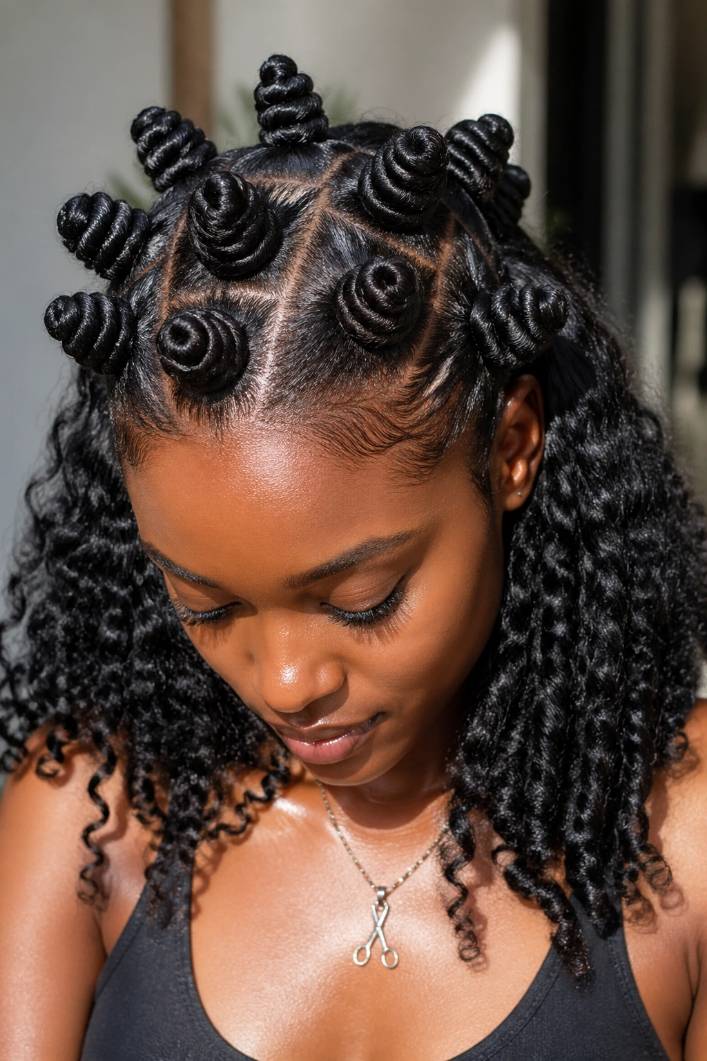 Bantu knot crown on top with curls below on a real person.