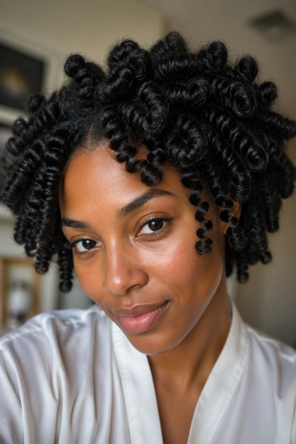 Real woman with dense hair and bantu knot-out showing voluminous coils