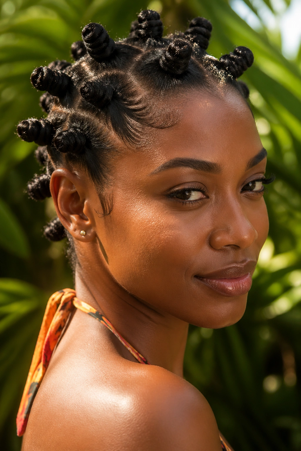 Close-up of a real woman with summer Bantu knots outdoors