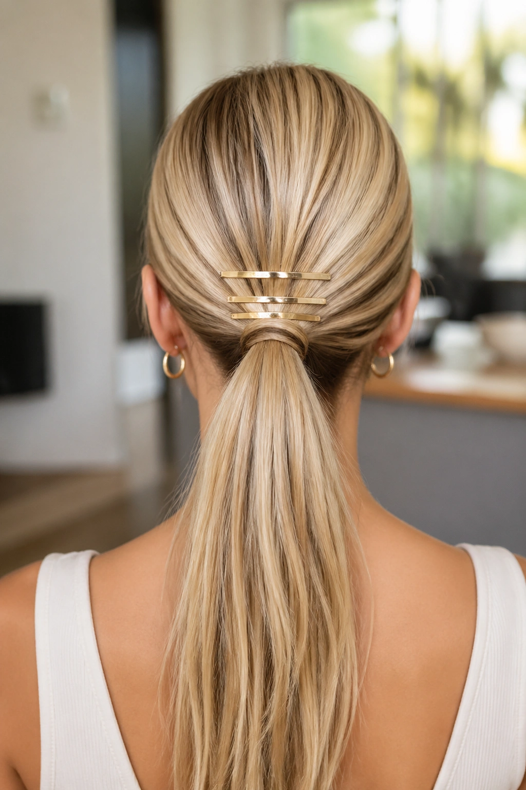 Back view of barrette-stack ponytail on real woman with blonde hair
