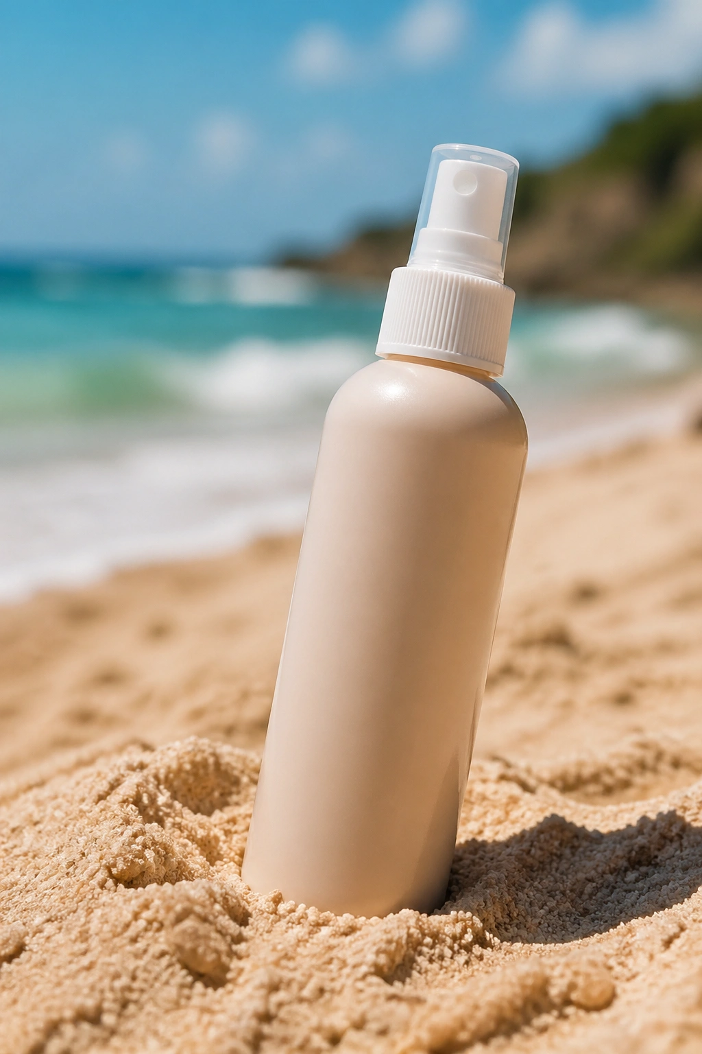 Unlabeled spray bottle for beach hair on sandy beach with sea in background