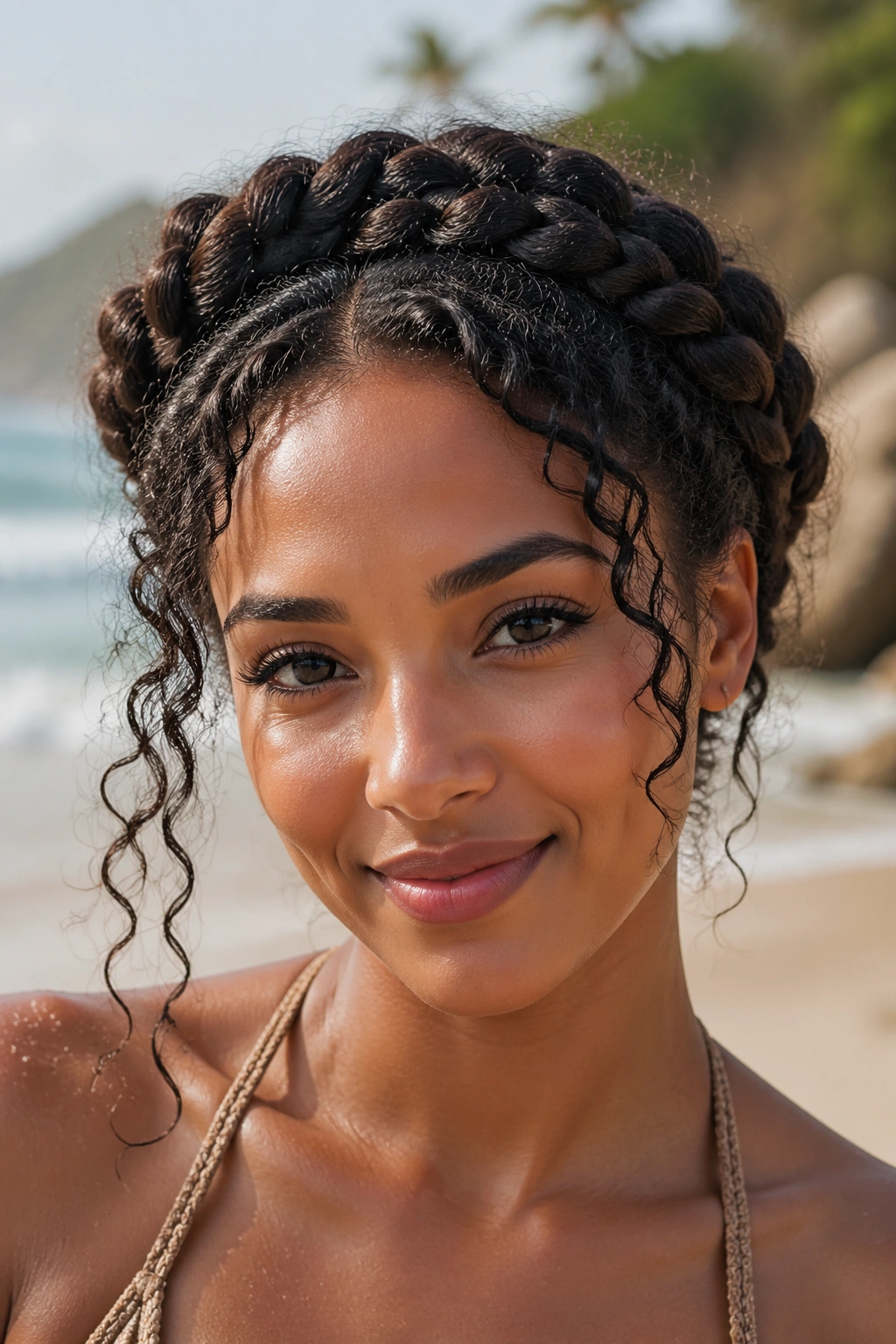 Portrait of a real woman with a halo braid hairstyle at the beach