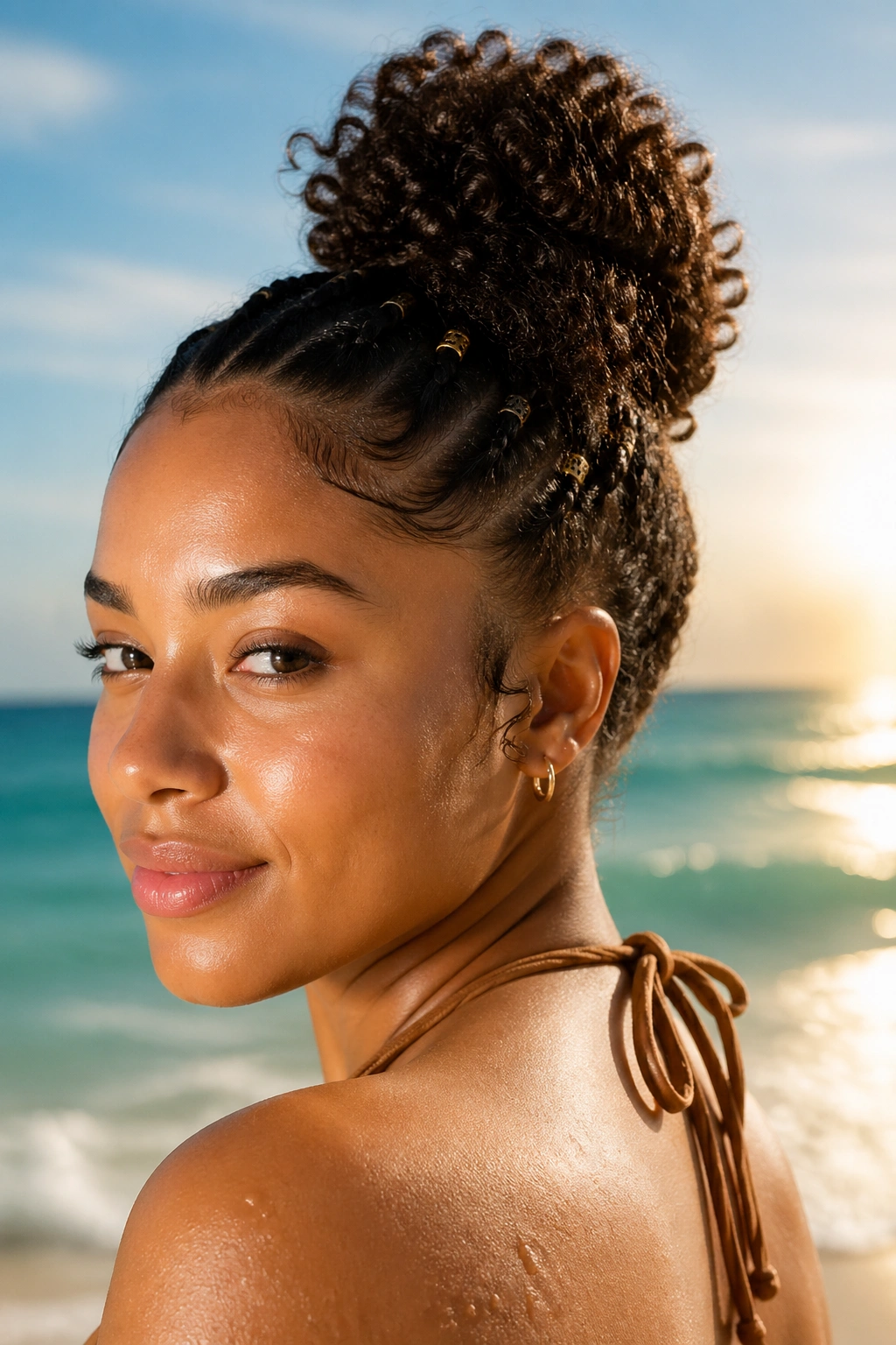 Portrait of a real woman with a protective beach-ready hairstyle against a sunny ocean backdrop