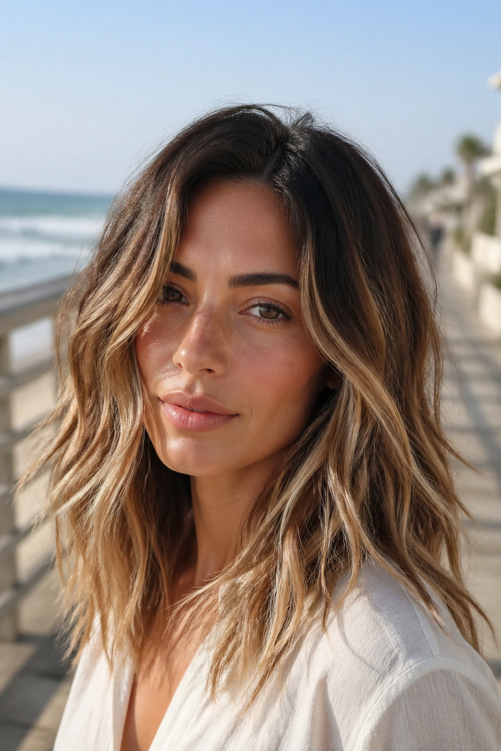 Portrait of a real woman with beachy waves and choppy ends by the sea