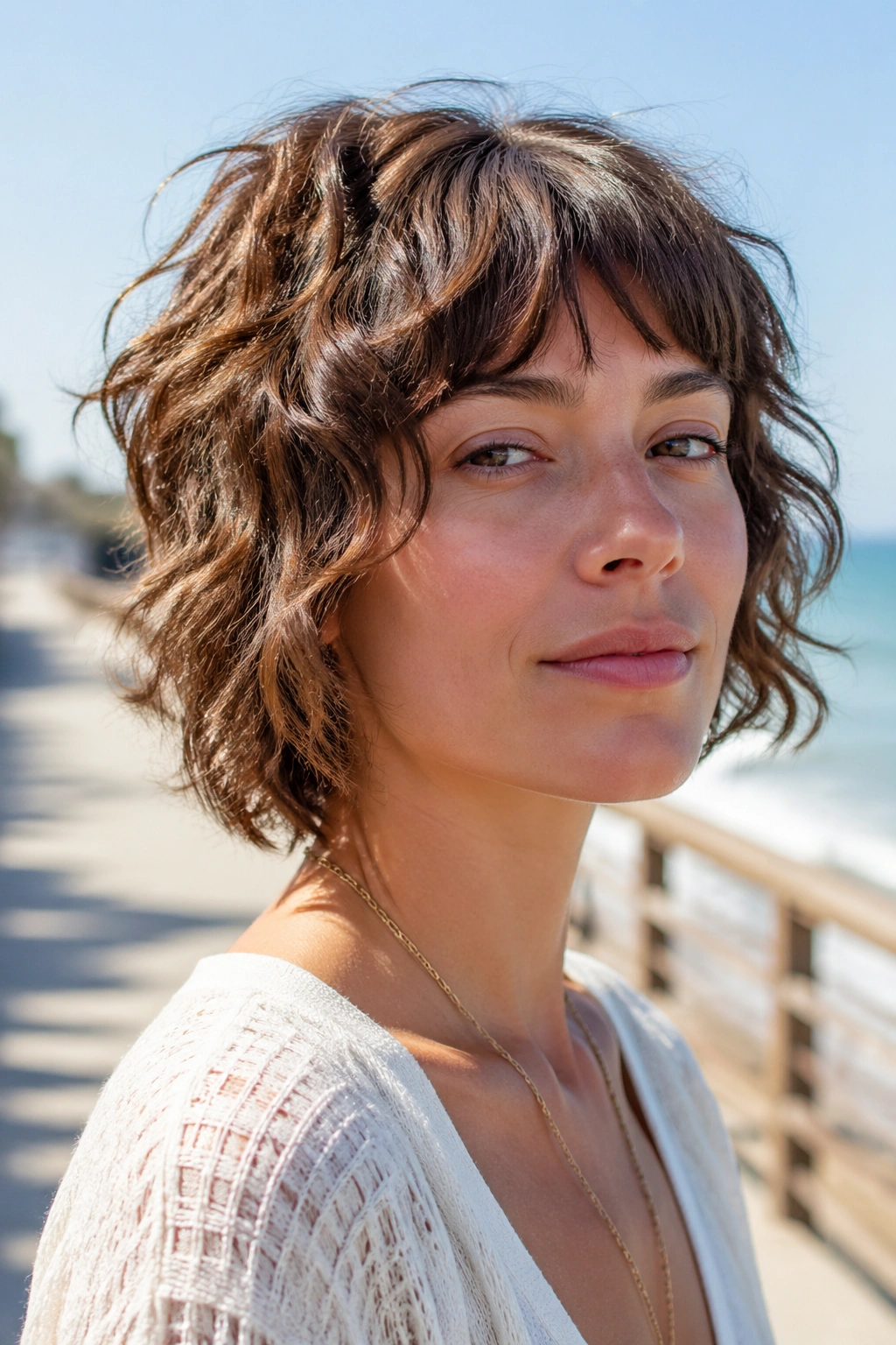 Close-up portrait of a real woman with beachy shag and invisible layers outdoors