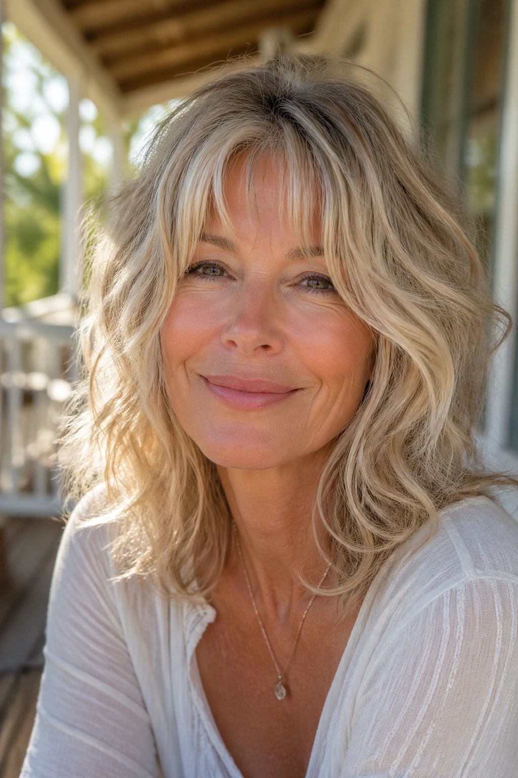 Portrait of a woman with beachy waves and a wispy fringe in warm sunlight.
