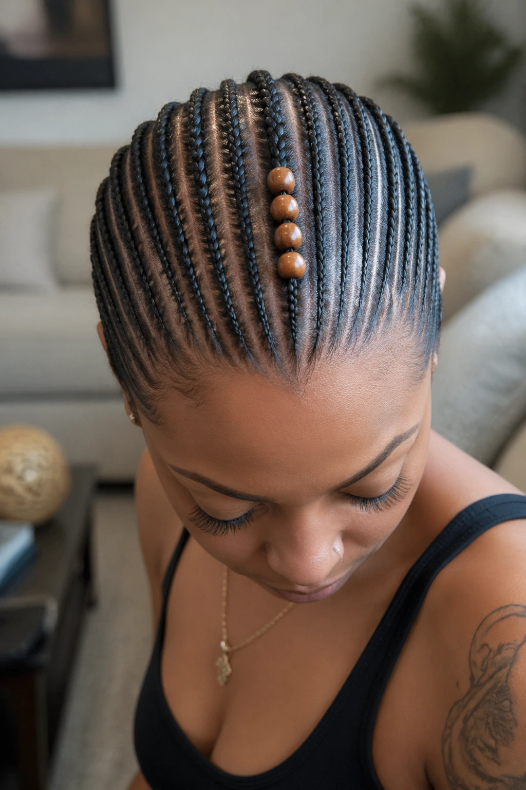 Portrait of a real woman showing a single beaded braid among small all-back cornrows.