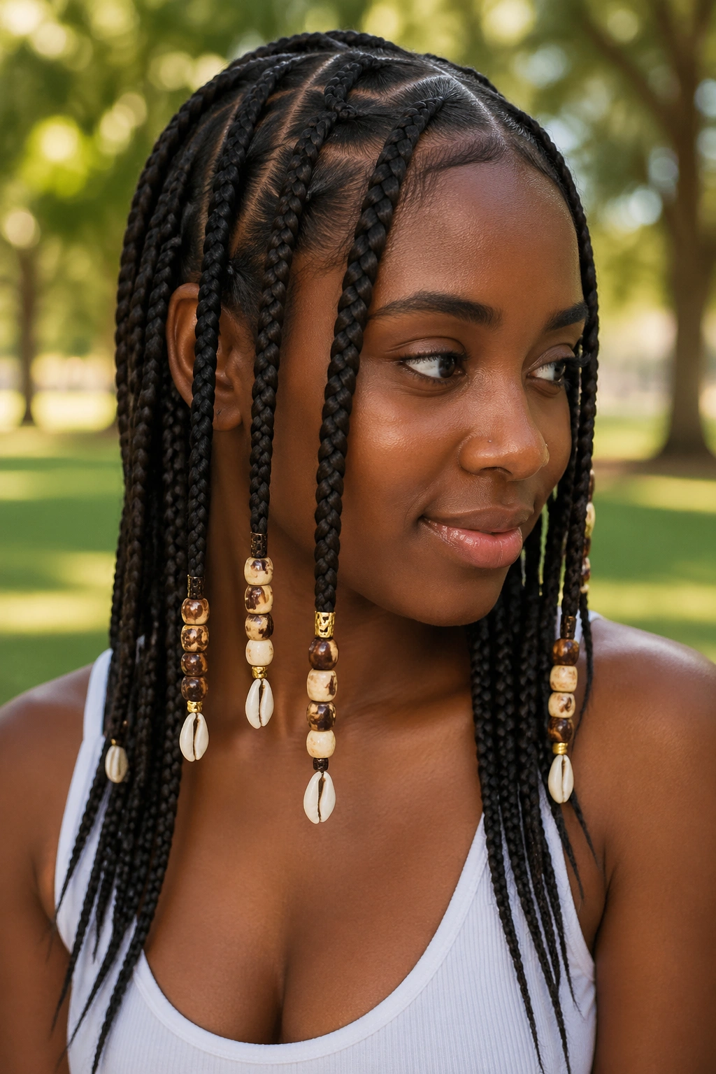 Portrait of real woman with beaded accent braids in knotless cornrows, beads visible along braid lengths
