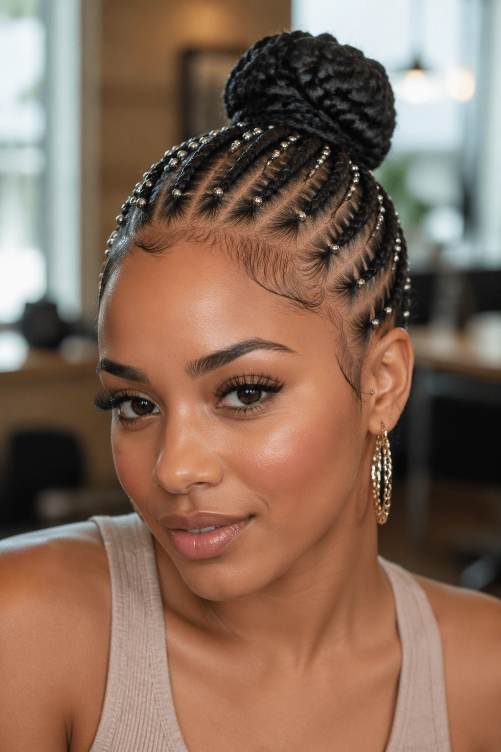 Close-up of real woman with a sleek bun and bead-accented parts