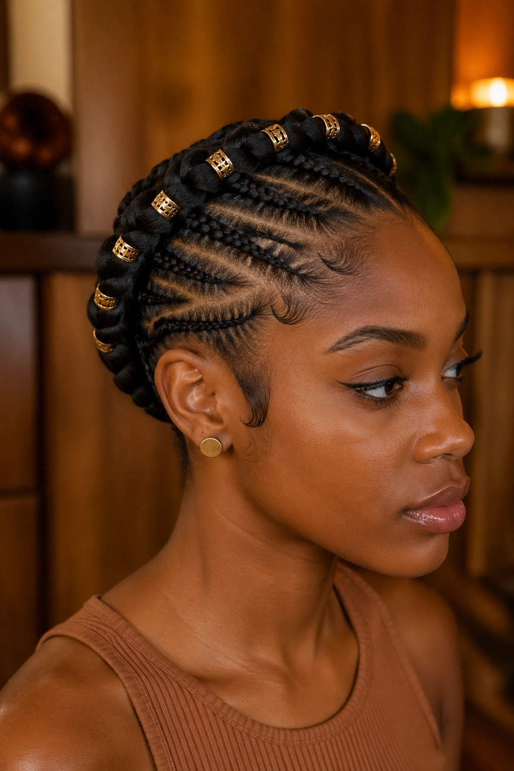 Beaded cornrow crown braid on a real person