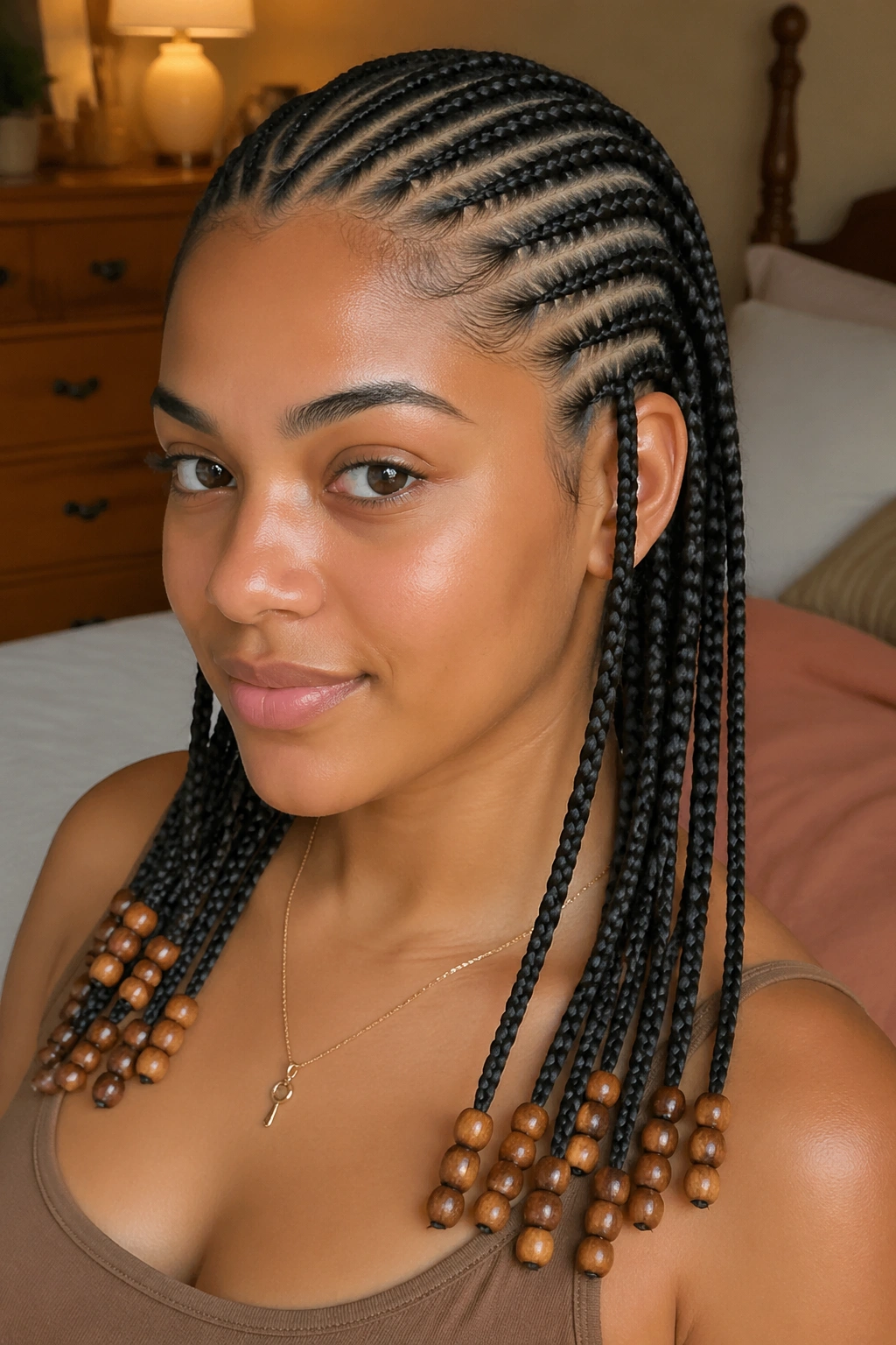 Portrait of a real woman with ten beaded cornrow tails