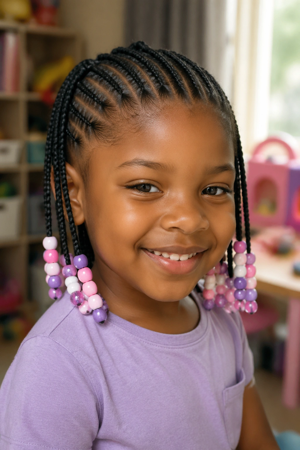 Close-up of real child with beaded needle cornrows