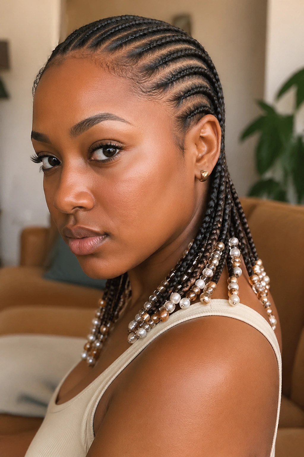 Close-up of real woman with mixed-size beads on cornrow ends