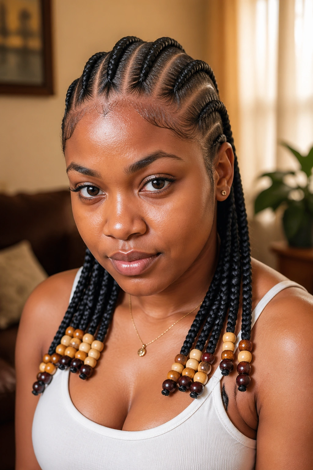 Real person with five beaded cornrows