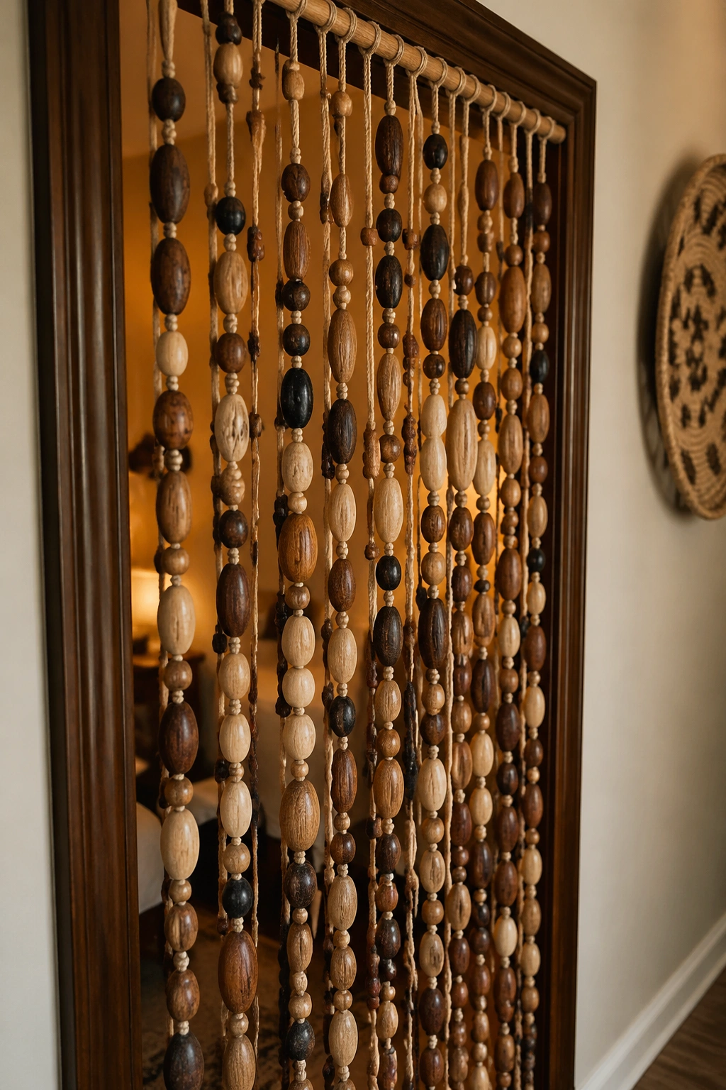 Doorway beaded curtain with large wooden beads in a boho interior.