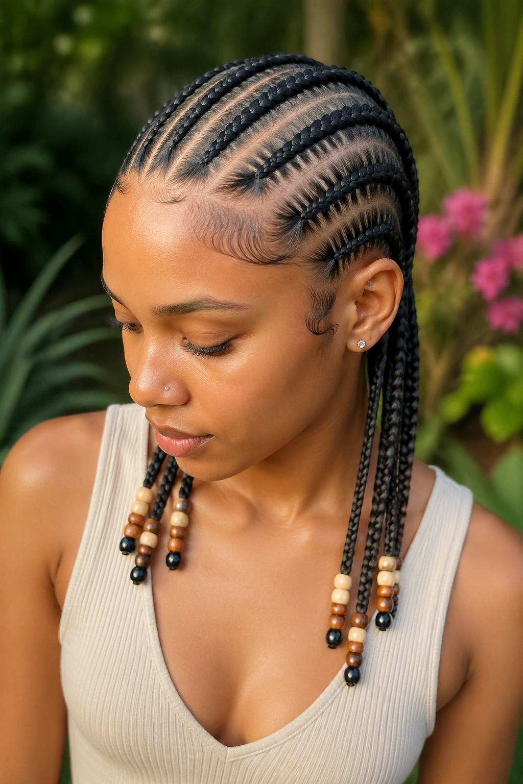 Real woman with five straight-back cornrows ending in beads in a garden setting
