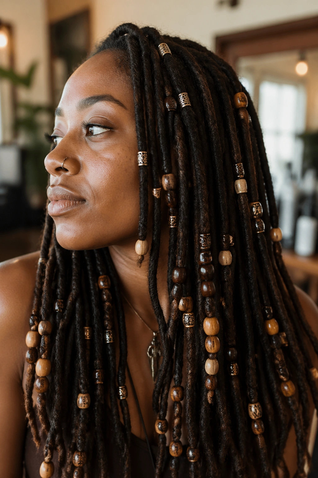 Close-up of a real woman with bead-adorned locs throughout