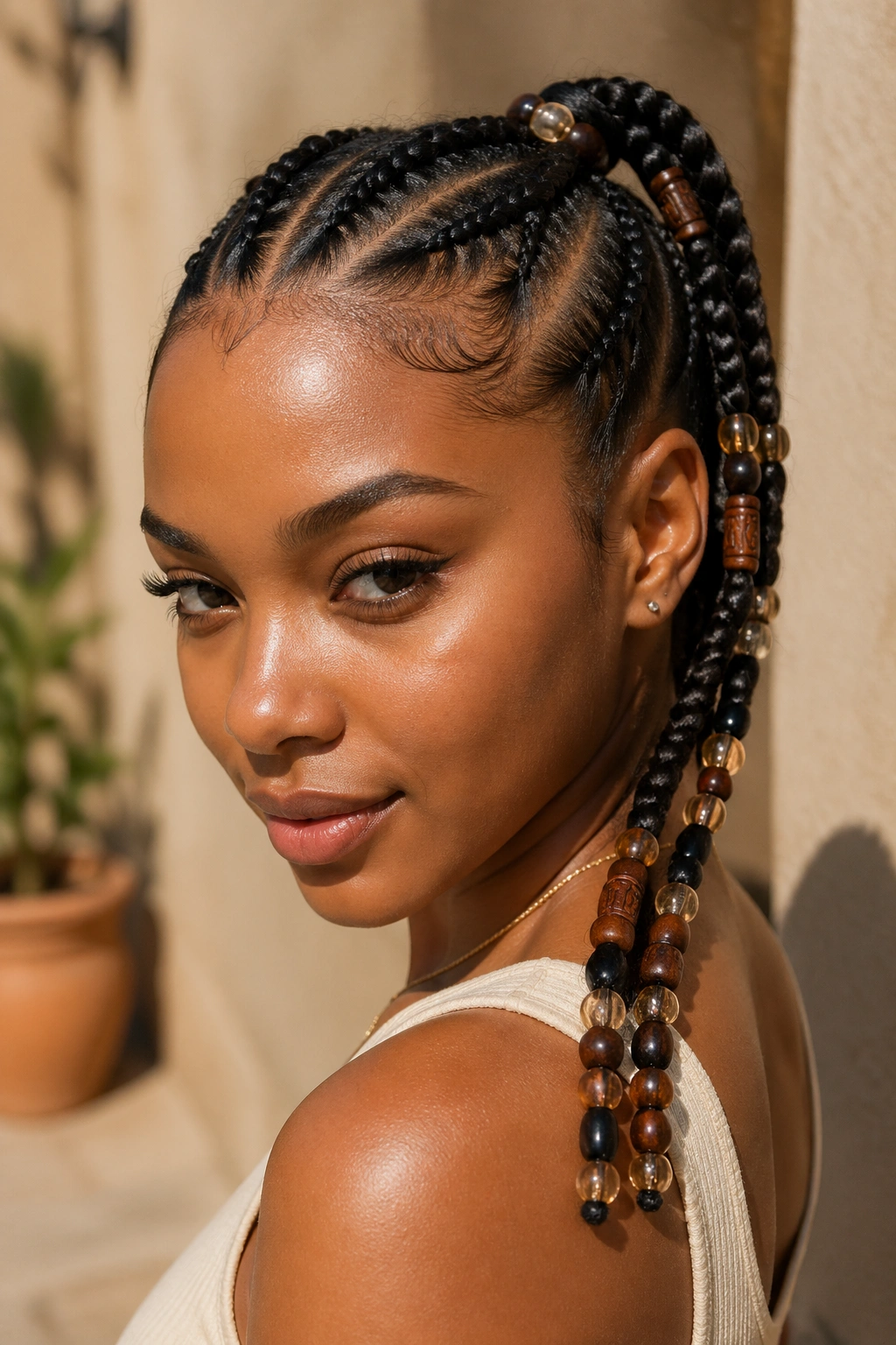 Real woman with a two-braid pony decorated with beads along the length