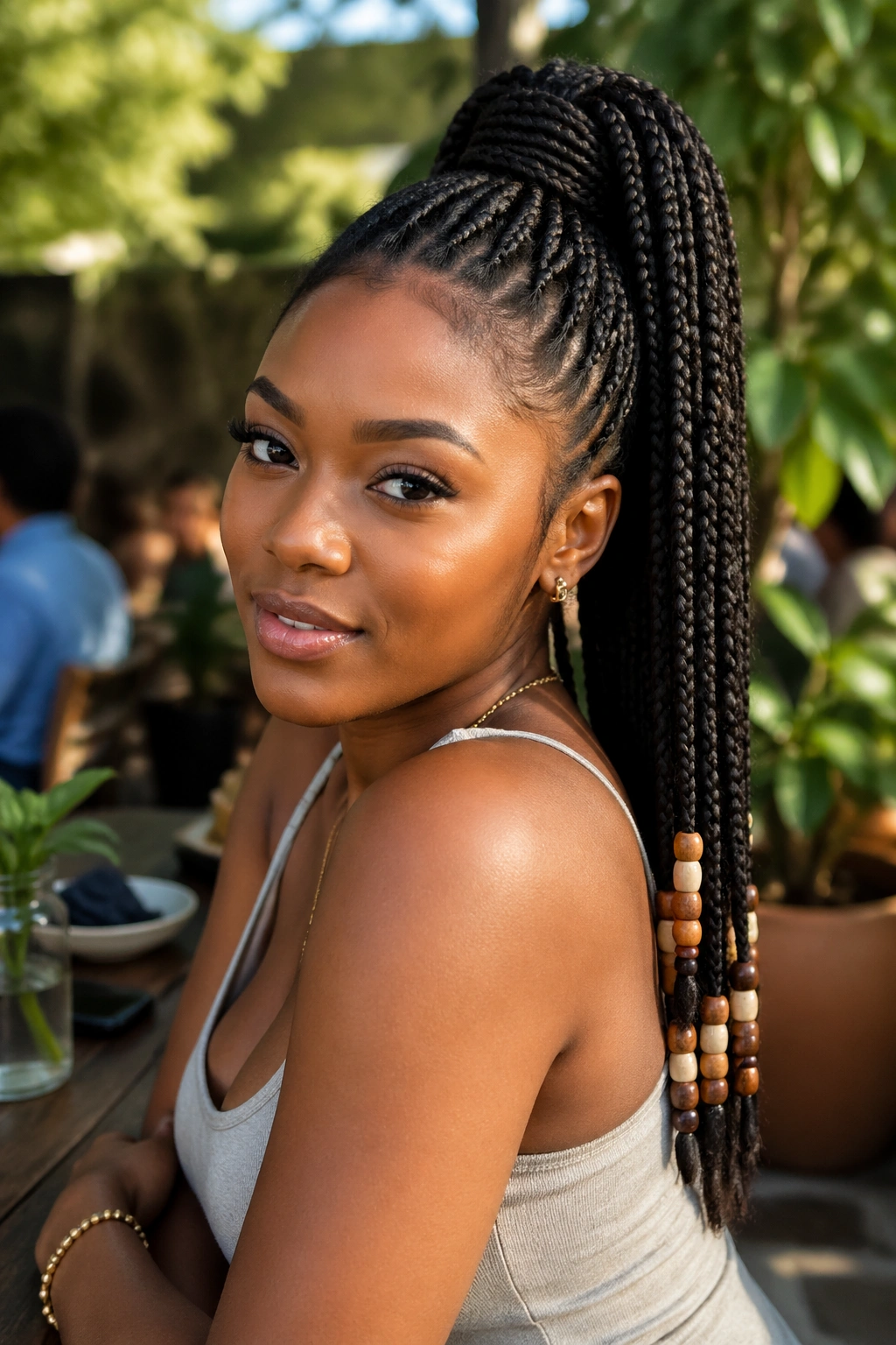 Beaded end ponytail with beads on the lower third of the ponytail on a real woman outdoors.