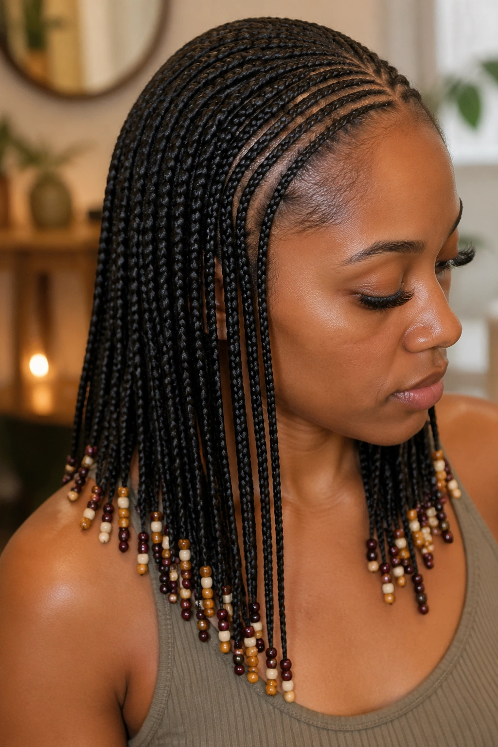 Close-up of a real person with small feed-in cornrows and beaded tips in multiple colors.