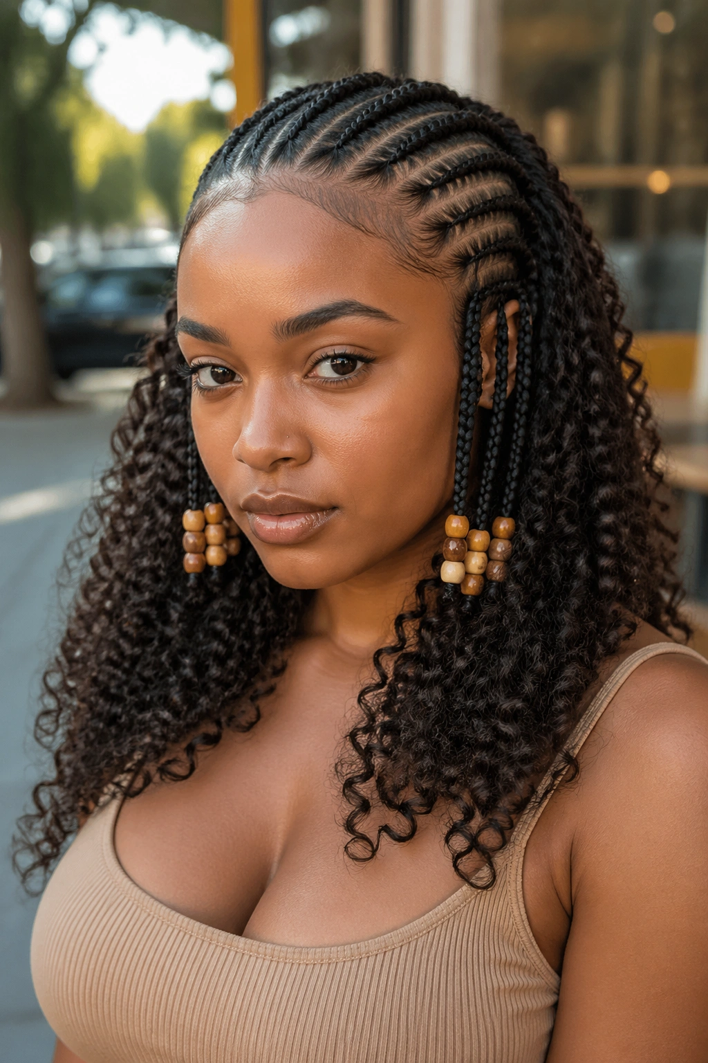 Half cornrows with beaded tips at the transition to curly weave on real person
