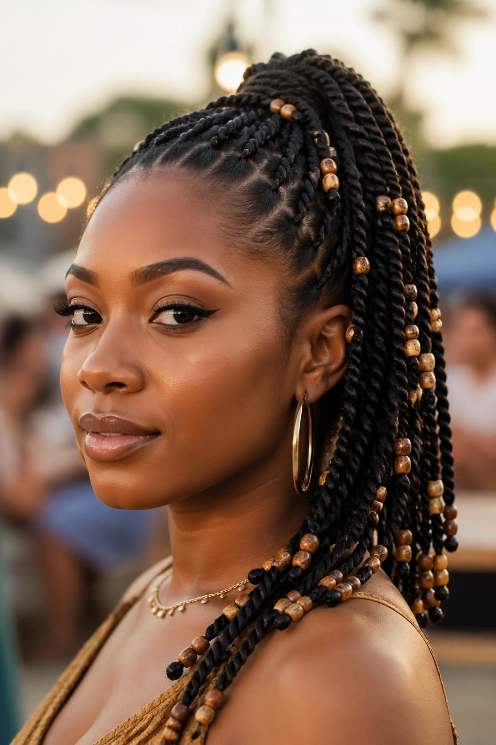 Close-up of a real woman's beaded twist ponytail with beads along the twists