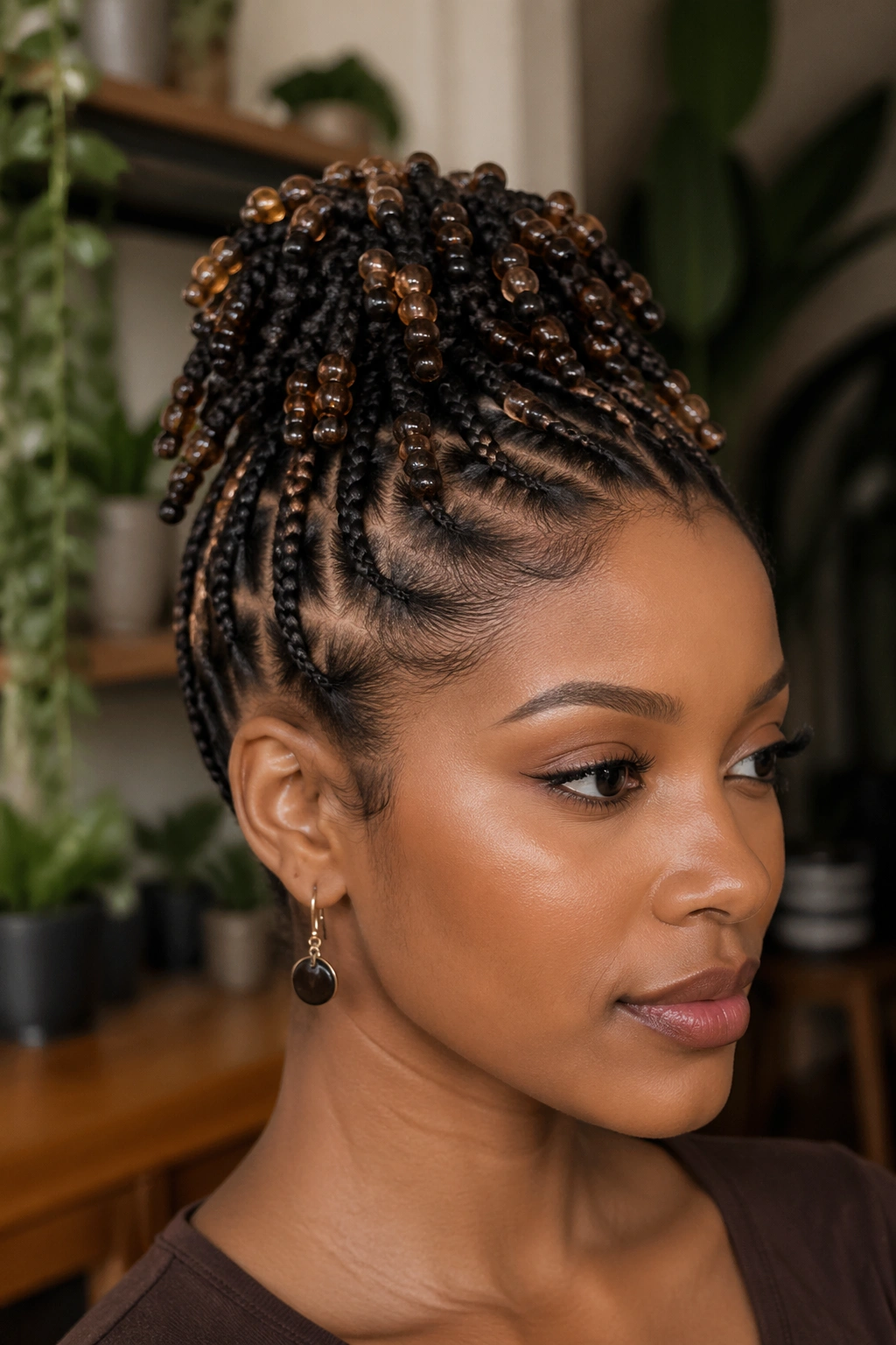 Close-up of a real woman's beaded twists forming an updo