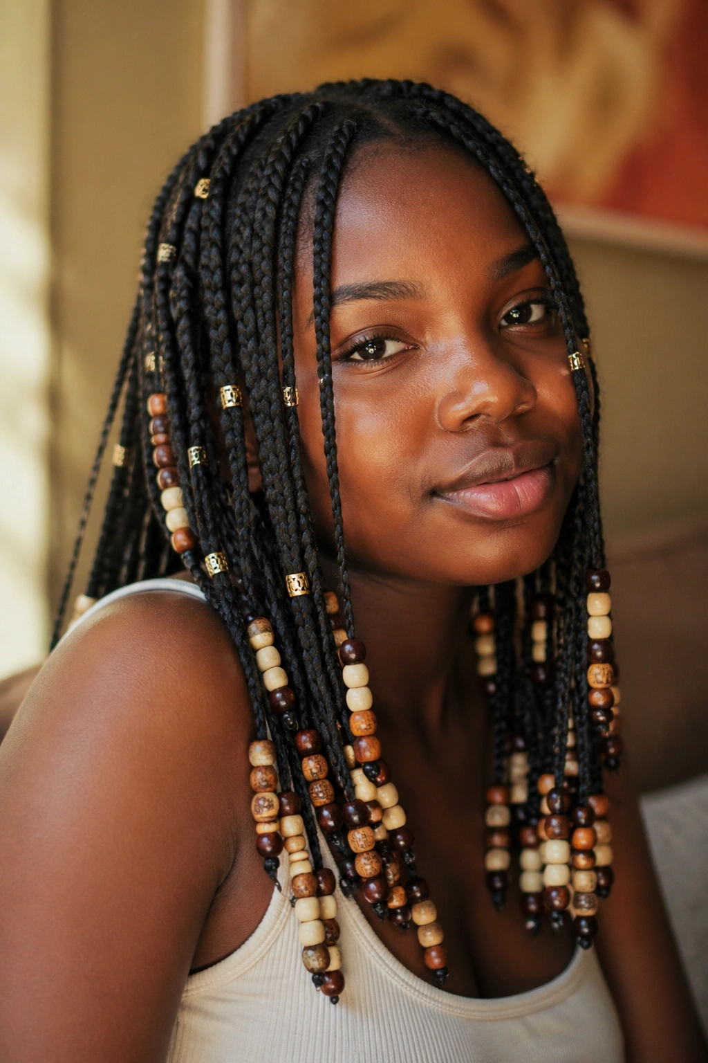 Close-up of beads on box braids on a real woman