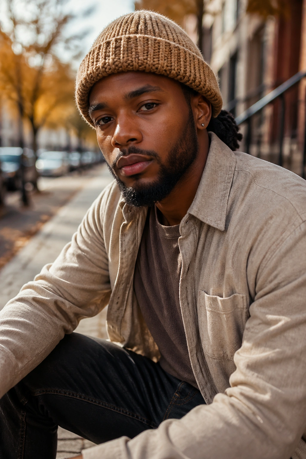 Portrait of a person wearing a natural wool beanie with casual layered outfit on an autumn street