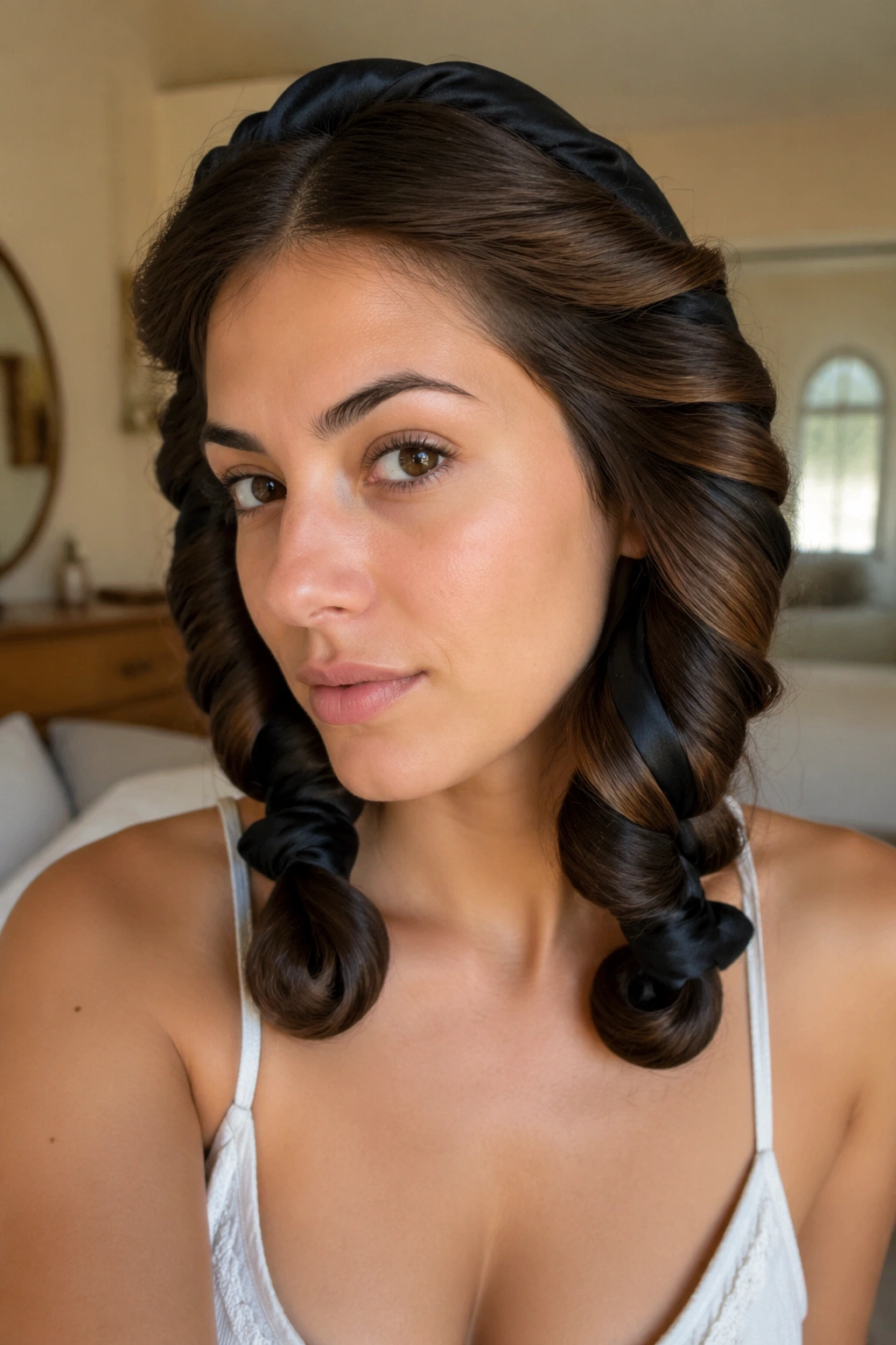 Portrait of a real woman with belt-set waves