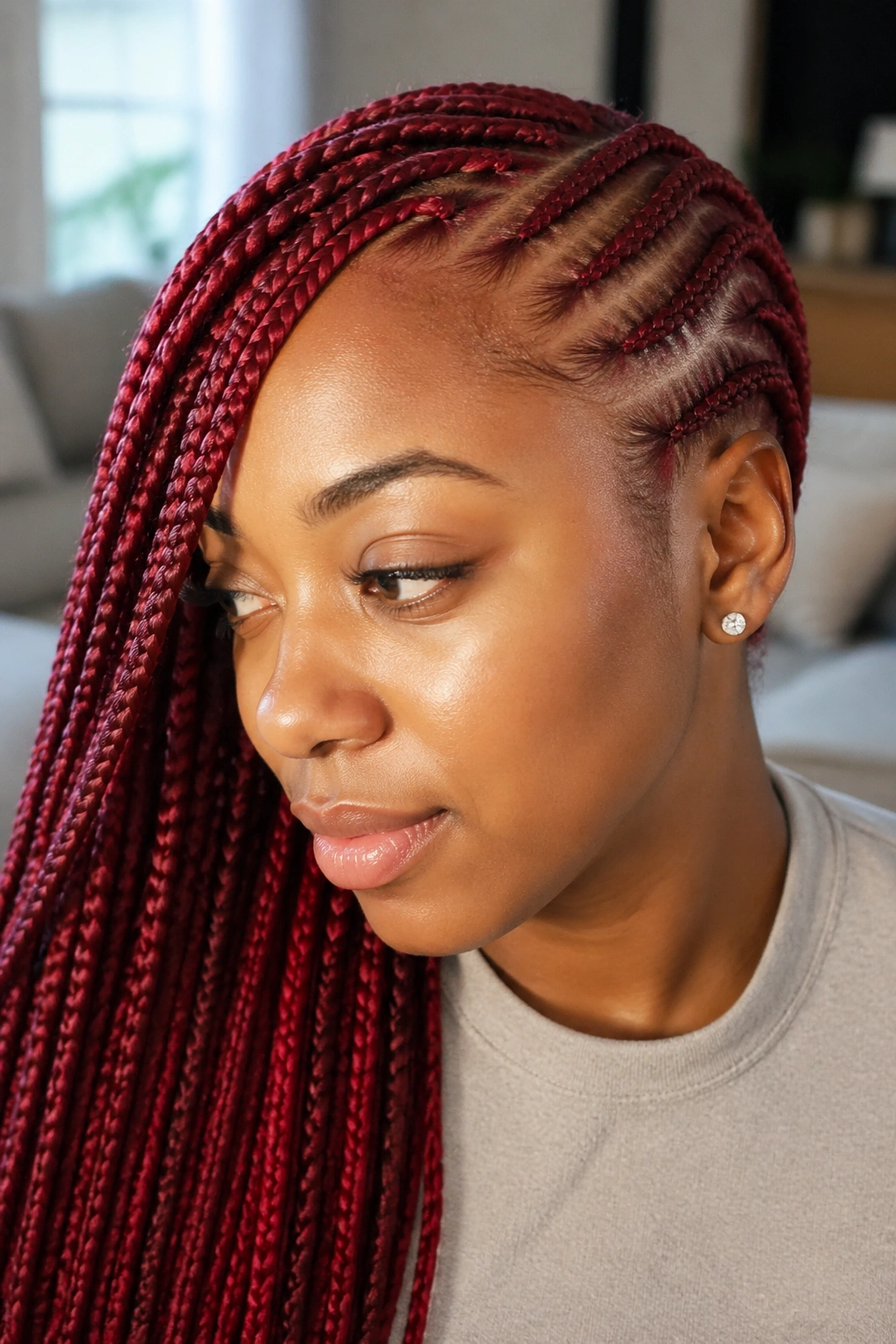 Berry red stitch braids with side sweep on a real woman