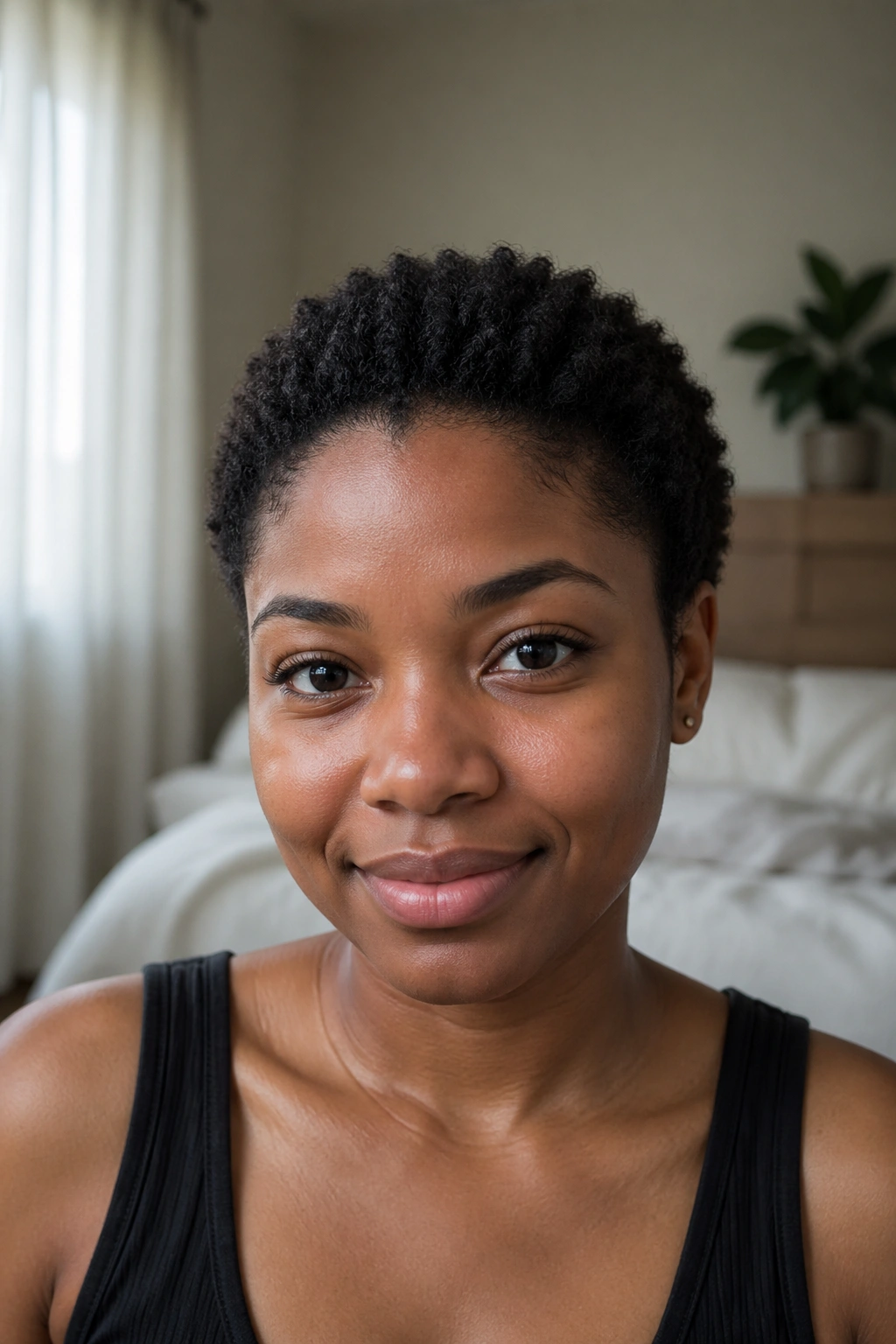 Real woman after big chop showing fresh natural growth and starting curl