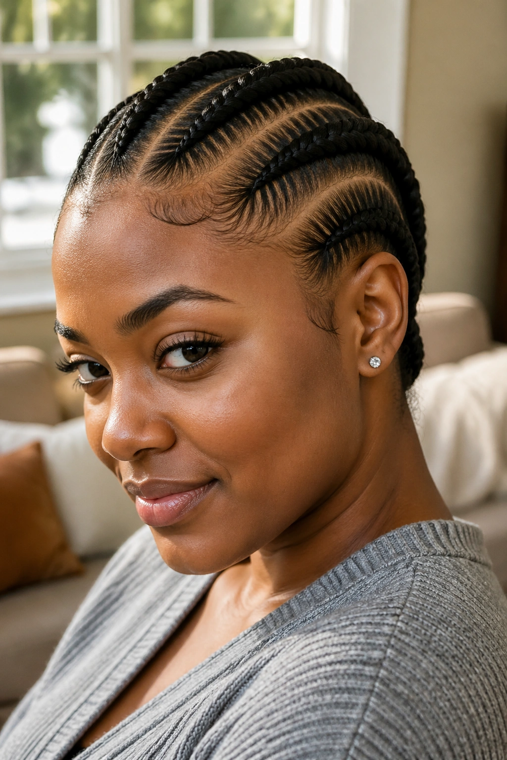 Close-up of a real person with big cornrows from hairline to nape in warm indoor light