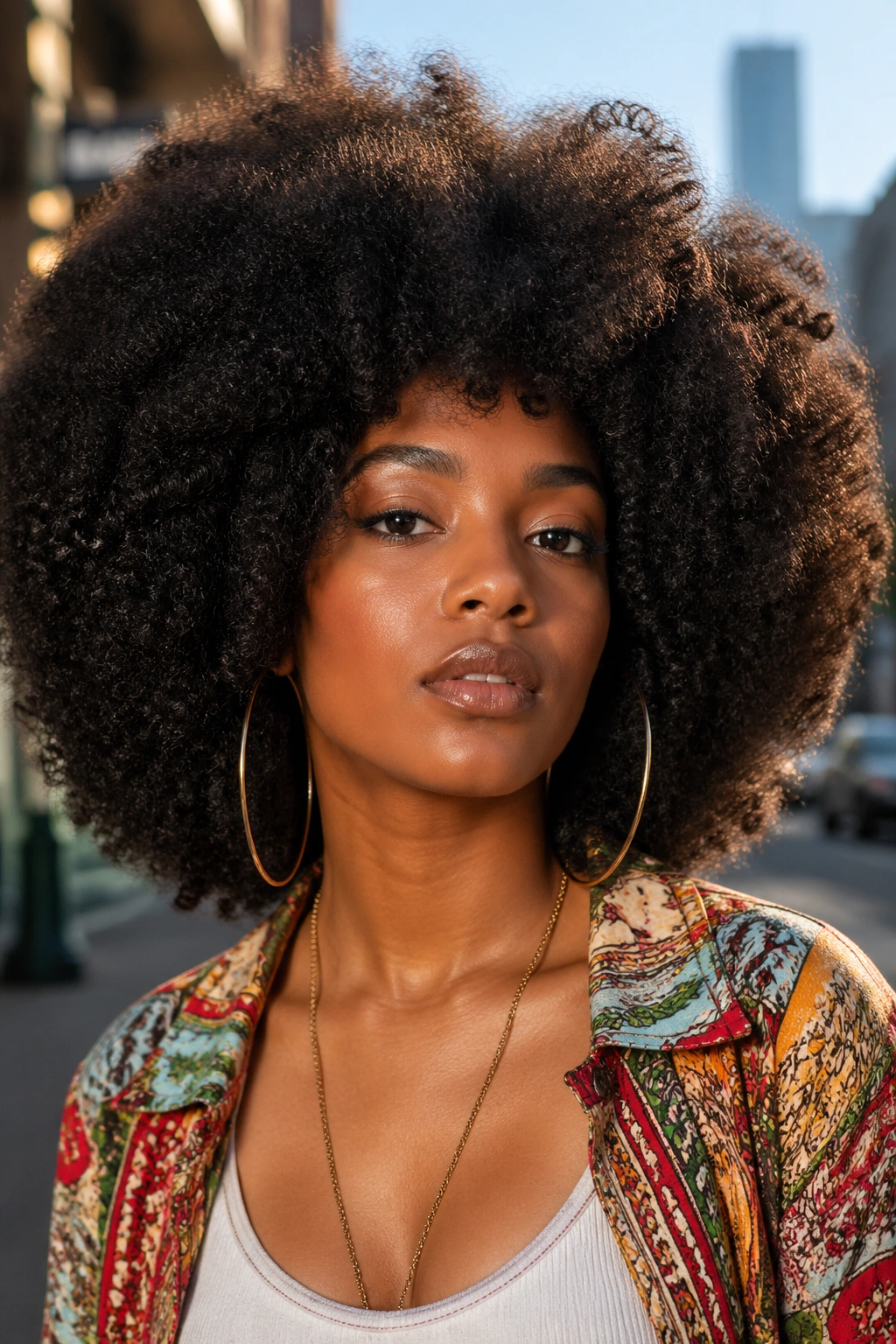 Portrait of a real person with a big round Afro in an outdoor urban setting.