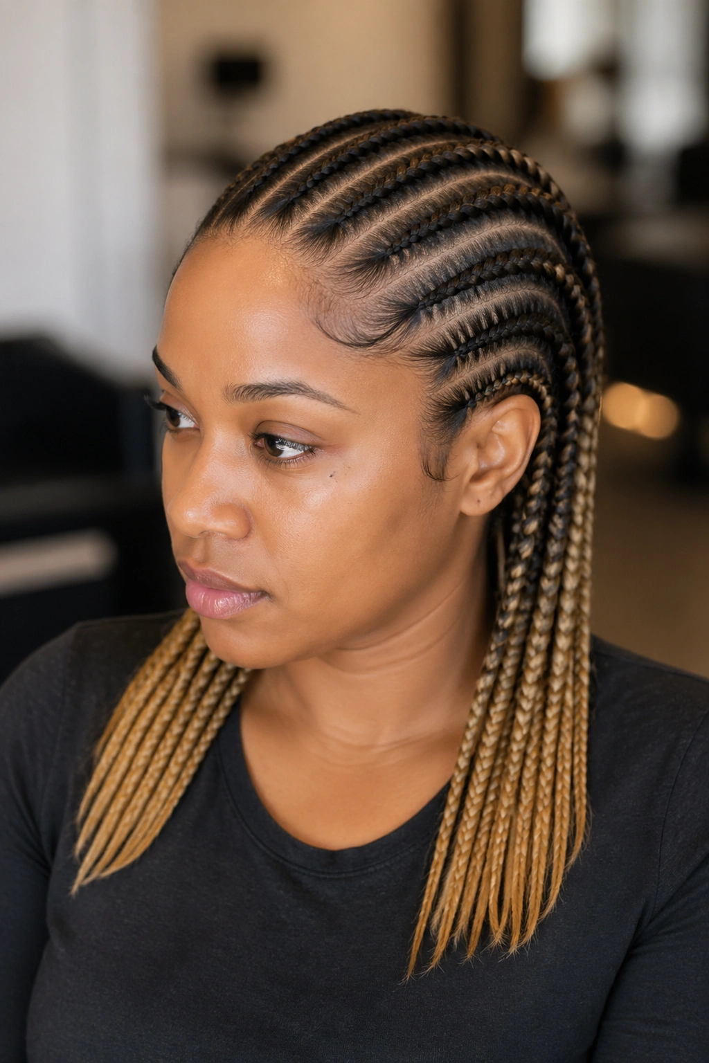 Close-up of eight to ten straight-back cornrows from black roots to honey blonde ends on a real head.